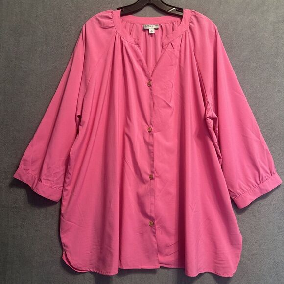 Catherines Button Down Shirt Womens Plus Size 1X Pink 3/4 Sleeve Office Career - Picture 1 of 9